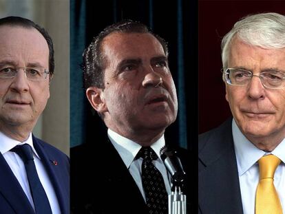 De izquierda a derecha, los mandatarios François Hollande (Francia), Richard Nixon (EE UU) y John Major (Reino Unido).