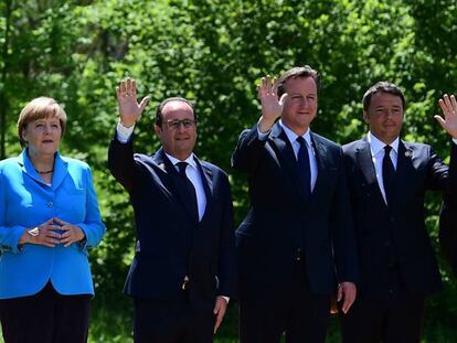 Barack Obama, François Hollande, David Cameron y Matteo Renzi saludan el pasado 7 de junio durante una reunión del G7 al sur de Alemania junto a Angela Merkel, única líder en la foto que continuará en política en 2017.