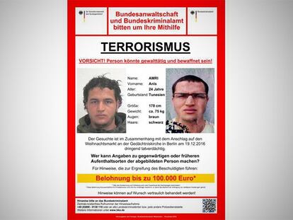 La fotografía del sospechoso del atentado en Berlín enviada a las autoridades policiales europeas.