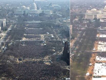 FOTO: A la izquierda la toma de posesión de Obama en 2009 y a la derecha la de Trump de este viernes. / VÍDEO: El discurso de Donald Trump en su toma de posesión.