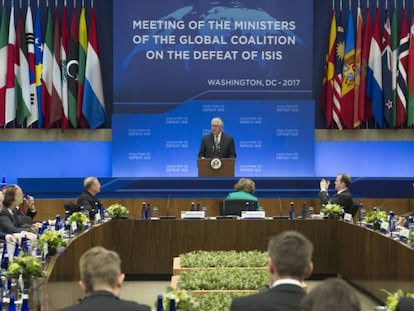 Rex Tillerson, este miércoles al inicio de la reunión de la coalición contra el ISIS
