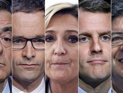 Los candidatos a las elecciones francesas Fillon, Hamon, Le Pen, Macron y Mélenchon.