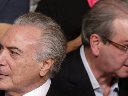 Michel Temer y Eduardo Cunha, en un acto del PMDB en Brasilia, este marzo.
