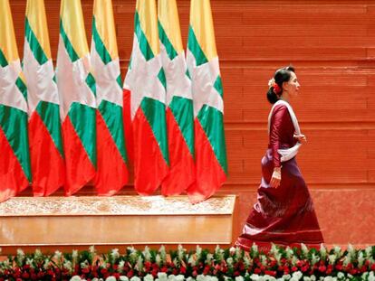 Aung San Suu Kyi, tras su intervención sobre la situación de los rohingyas en Myanmar.