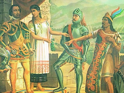 Cortés, a la izquierda y Moctezuma.