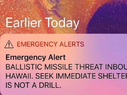 Captura de la alerta a móviles que se recibió en Hawái el sábado por la mañana.