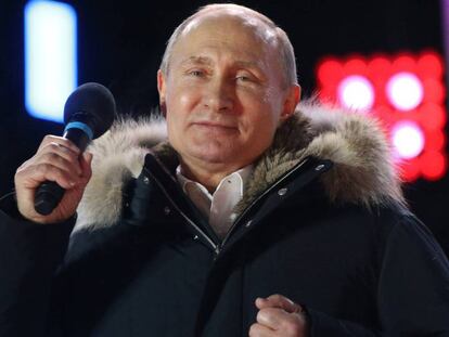 El presidente ruso, Vladímir Putin, tras las elecciones del pasado domingo en un acto en Moscú.