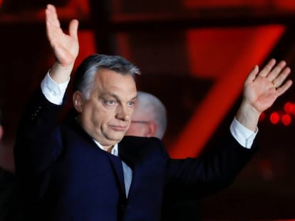 El primer ministro húngaro Viktor Orbán, la noche electoral del domingo pasado en Budapest.