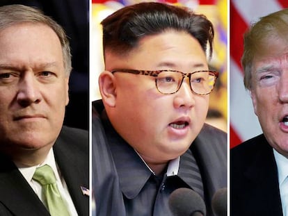 El director de la CIA, Mike Pompeo; el líder de Corea del Norte, Kim Jong-un, y el presidente de EEUU, Donald Trump. En vídeo, Trump confirma conversaciones a alto nivel con Corea del Norte.