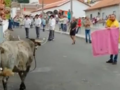 En el vídeo, un hombre sujeta a una niña en brazos mientras torea en plena calle, en la isla de Terceira (Portugal).