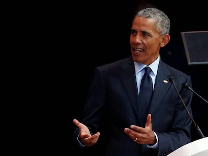 El exvicepresidente Barack Obama, durante su discurso del 17 de julio en Johanesburgo, en el centenario de Nelson Mandela.