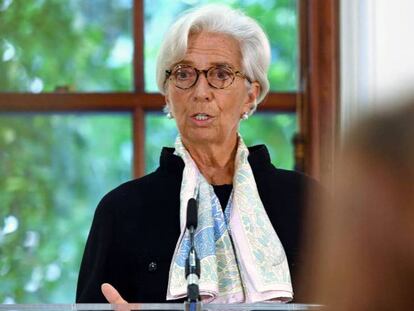La directora del FMI, Christine Lagarde, este lunes en la Cancillería del Tesoro de Reino Unido, en Londres.