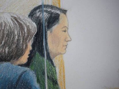 Dibujo de Meng Wanzhou accediendo a un tribunal de Vancouver este viernes. En vídeo, acusaciones de espionaje por la detención de la vicepresidenta de Huawei.