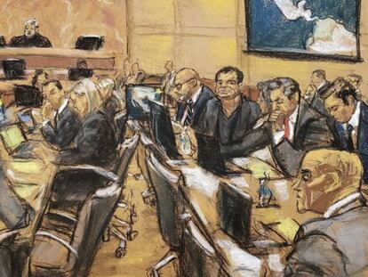 Reproducción de una vista general del juicio contra Joaquín Guzmán Jane Rosenberg