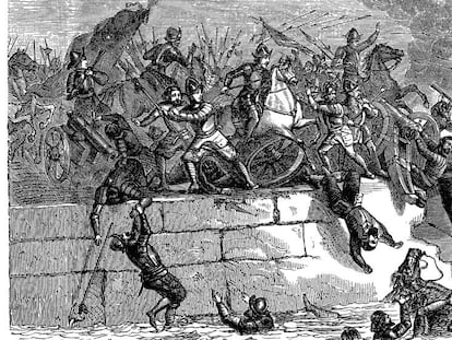 Las tropas de Hernán Cortés se enfrentan a las aztecas en Tenochtitlán. En vídeo, el presidente de México exige disculpas al Felipe VI y al Papa por la conquista.
