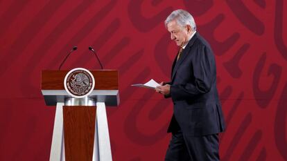 López Obrador, durante su rueda de prensa matutina, en Palacio Nacional. En vídeo, López Obrador sostiene que no se puede celebrar ninguna conmemoración sin recibir antes a una reconciliación con España, el pasado 26 de abril en un discurso en la localidad de Tabasco.