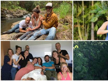 De izquierda a derecha y de arriba abajo, Amanda Eller con dos de sus rescatadores, la estadounidense en una foto anterior a su desaparición, en el hospital con familiares y amigos y una imagen desde el helicóptero de salvamento cuando fue localizada.