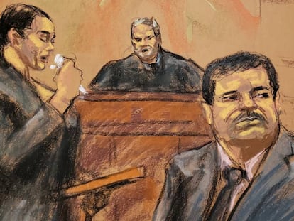 Dibujo de El Chapo, durante la lectura de la sentencia.