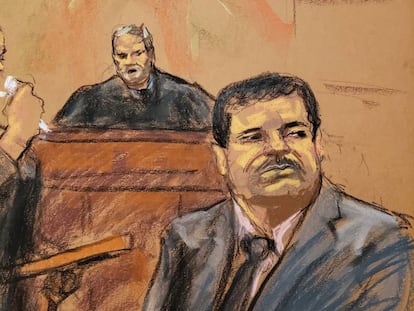 Dibujo de El Chapo, durante la lectura de la sentencia.