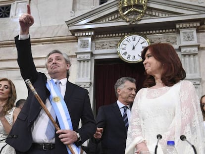 En vídeo, el presidente de Argentina, Alberto Fernández, la vicepresidenta Cristina Fernández de Kirchner y el expresidente Mauricio Macri, durante la toma de posesión en el Congreso.