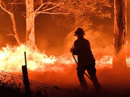 Un bombero trata de apagar el fuego en Nowra, Nueva Gales del Sur, Australia, este martes. En vídeo, imágenes de dentro de uno de los incendios.