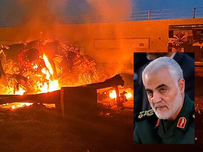 Vehículo incendiado tras el ataque aéreo en el aeropuerto de Bagdad. En el recuadro, Qasem Soleimani, en una fotografía de archivo. En vídeo, Estados Unidos confirma la autoría del bombardeo.