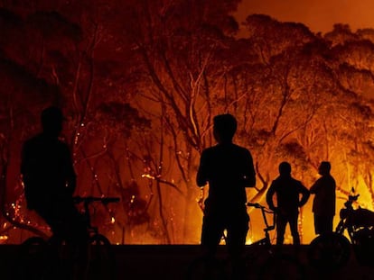 Unos vecinos observan las llamas en torno a su localidad, este sábado en Tabourie Lake (Nueva Gales del Sur). En vídeo, imágenes del sol cubierto en Australia.