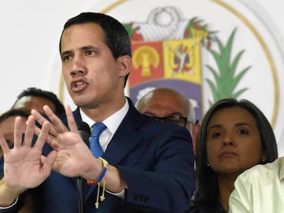 Juan Guaidó el domingo durante una conferencia de prensa en Caracas Carolina Cabral