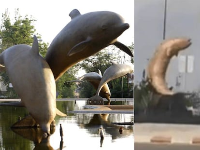 A la izquierda, fuente de la República Argentina, en Madrid; a la derecha, la escultura de la polémica. En vídeo, el autor, en una entrevista en televisión.