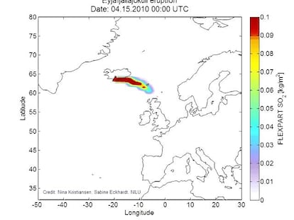 Animación del desplazamiento de la nube de cenizas generada por la erupción en Islandia