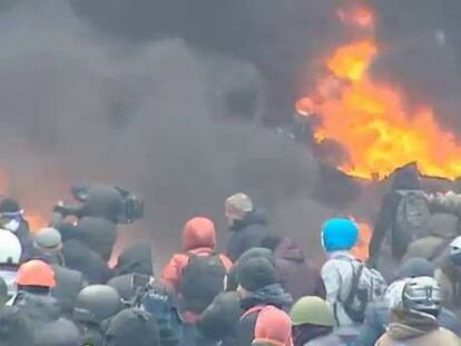 Imágenes de las protestas de esta mañana en Kiev, Ucrania.