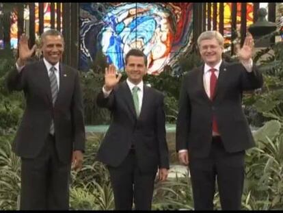 Los presidentes de EE UU y México, Barack Obama y Enrique Peña Nieto, y el primer ministro de Canadá, Stephen Harper.