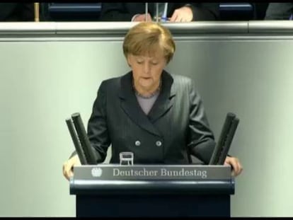 Angela Merkel nesta quinta-feira durante sua declaração no Parlamento alemão.