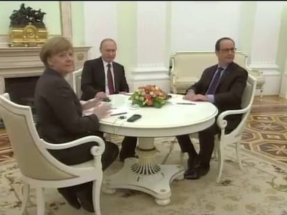 Angela Merkel, Vladímir Putin y François Hollande.