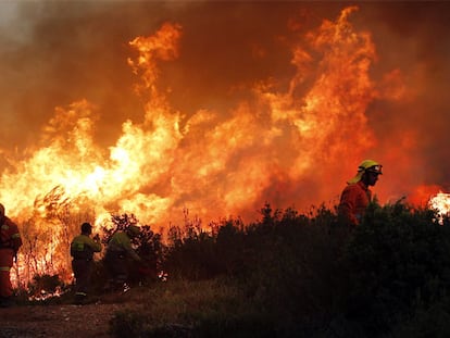 Brigadistas forestales intentan parar el avance de uno de los frentes del incendio de Castellón. / FOTO: CARLES FRANCESC