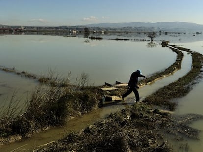 Un agricultor cruza las aguas desbordadas del Ebro en Pradilla, cerca de Zaragoza.