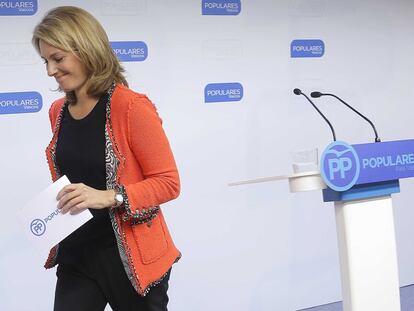 Arantza Quiroga, tras anunciar su dimisión hoy en San Sebastián.