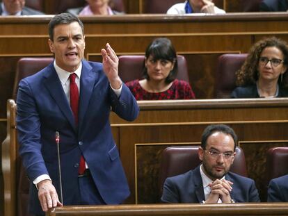 Pedro Sánchez hoy durante su intervención en el Congreso.