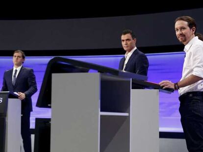 Albert Rivera, Pedro Sánchez y Pablo Iglesias, este lunes.