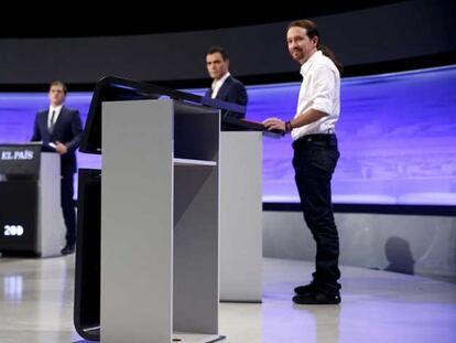 Albert Rivera, Pedro Sánchez y Pablo Iglesias, este lunes.