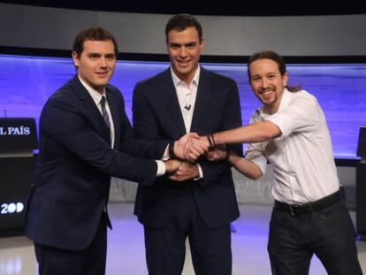 Albert Rivera, Pedro Sánchez y Pablo Iglesias, en diciembre. Uly Martin