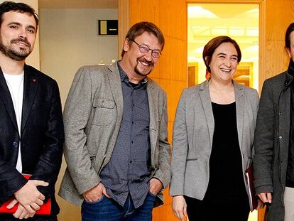 Alberto Garzón, Xavier Domènech, Ada Colau, Pablo Iglesias, este lunes.