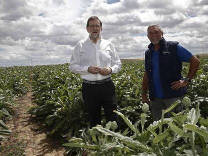 Mariano Rajoy, durante la visita a la finca de cultivo de alcachofas en Tudela.