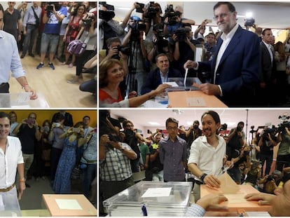 Pedro Sánchez, Mariano Rajoy, Albert Rivera e Pablo Iglesias votando neste domingo