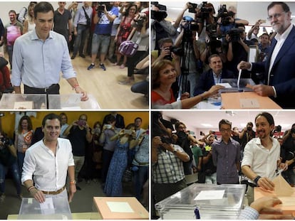 Pedro Sánchez, Mariano Rajoy, Albert Rivera e Pablo Iglesias votando neste domingo