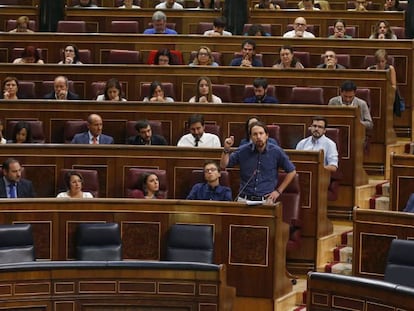Pablo Iglesias en el pleno del Congreso, este martes.