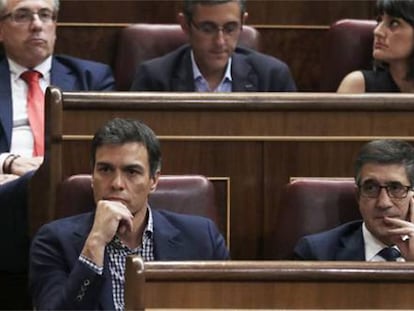 Pedro Sánchez (d) al lado de Patxi López (i), en el Pleno de investidura.