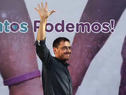 Juan Carlos Monedero, este domingo, durante la presentacion de la candidatura de Juntos Podemos en la Comunidad de Madrid.