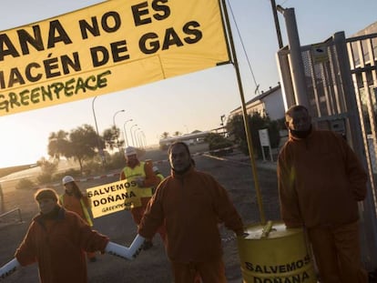 Activistas de Greenpeace durante la protesta en Doñana.