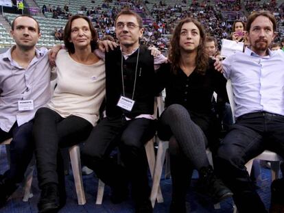 Luis Alegre, Carolina Bescansa, Juan Carlos Monedero, Tania González, Pablo Iglesias e Íñigo Errejón en el primer congreso de Podemos.